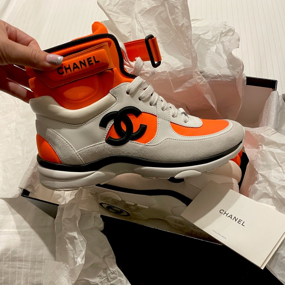 CHANEL ORANGE HIGH TOP NEOPRENE TRAINERS